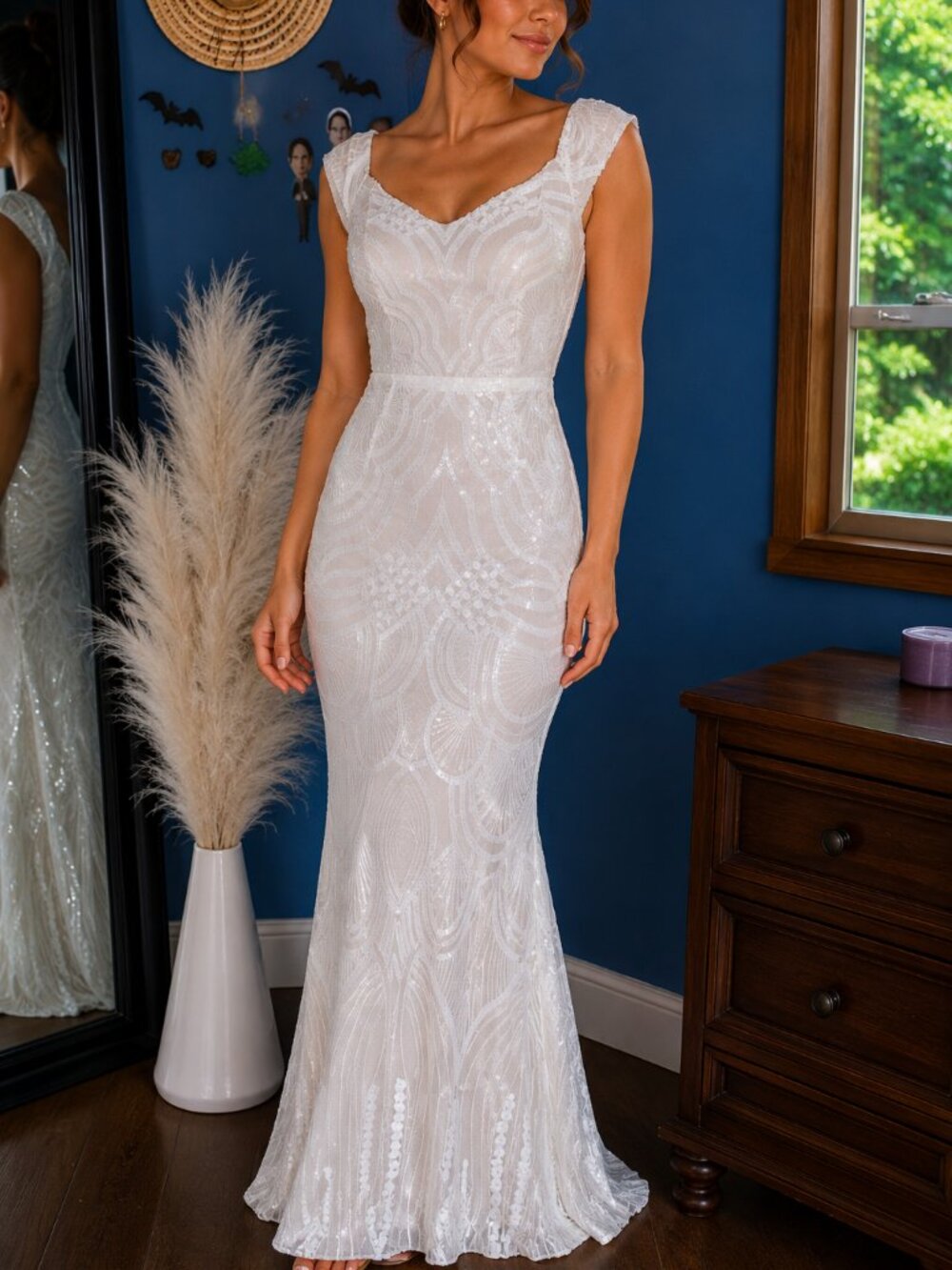 Bella & Bloom Boutique White Sequin Mermaid Maxi Dress Size S Formal Wedding Gow